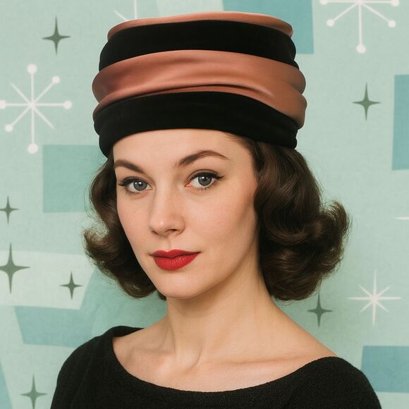 Vintage 1950s Screen Vogue Original Hat Burgundy Velvet Pink Satin Ladies Cap - Picture 2 of 9